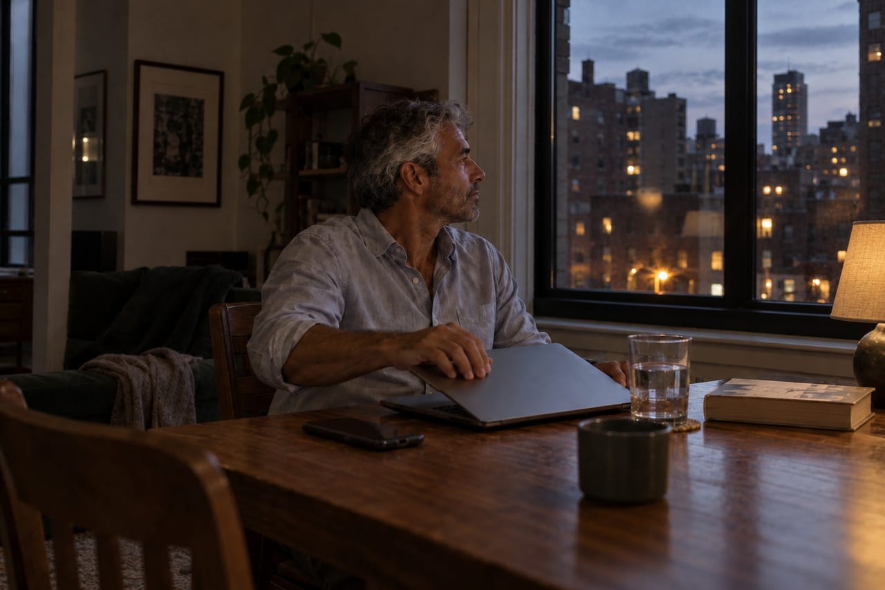 A man closing his laptop at a wooden table, looking out of the window at the city lights at dusk.